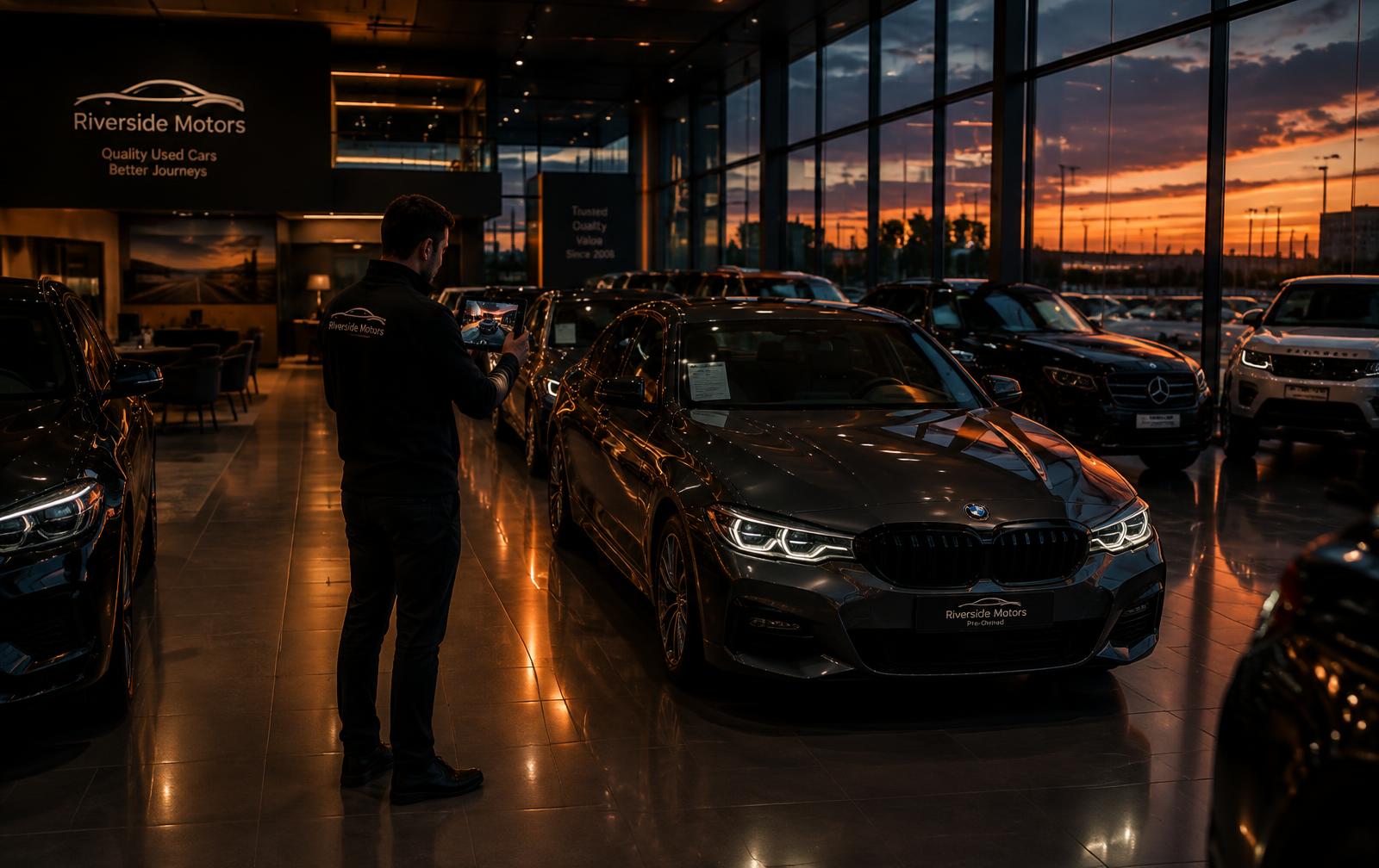 Autodealer fotografeert een occasion in de showroom